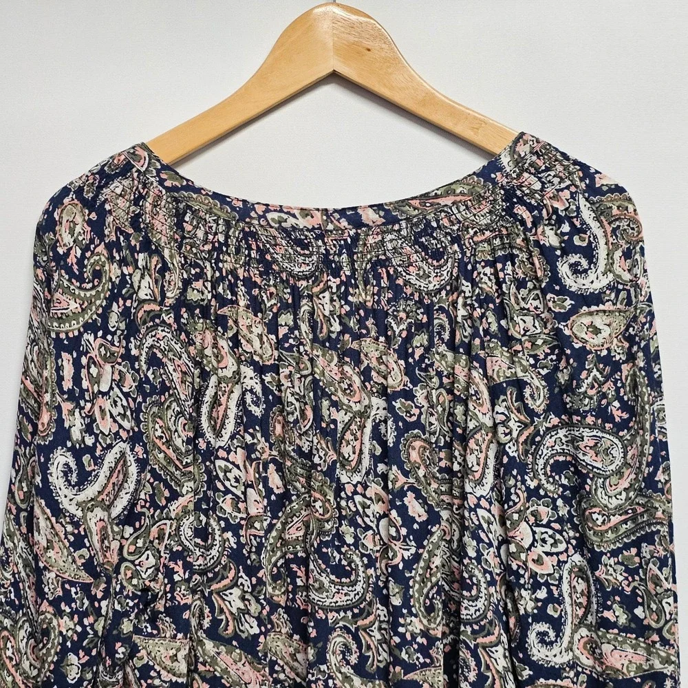 Westport Peasant Top 1X Womens Navy Paisley Smocked Tie Sleeve Button Front Boho